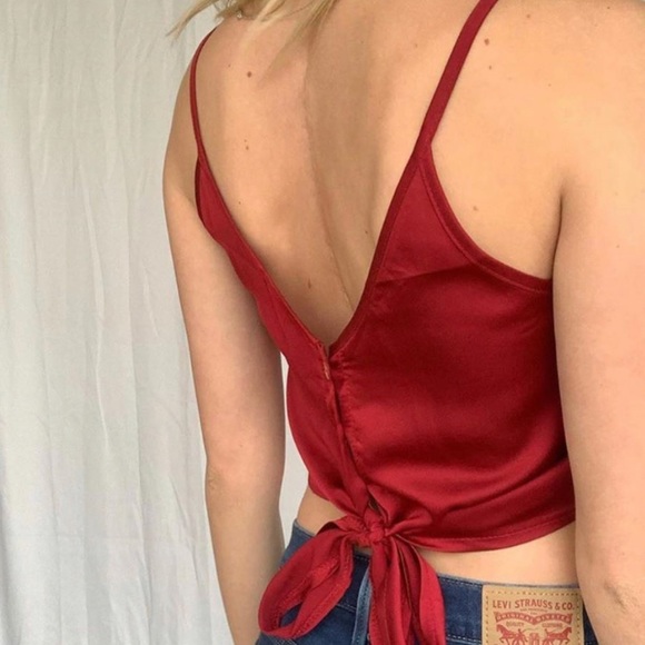Red Silky Tie Up Top - Picture 2 of 3
